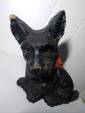 Vintage Syroco Black Scottie Dog Figurine 8” Tall Wood Original Red Neck Ribbon